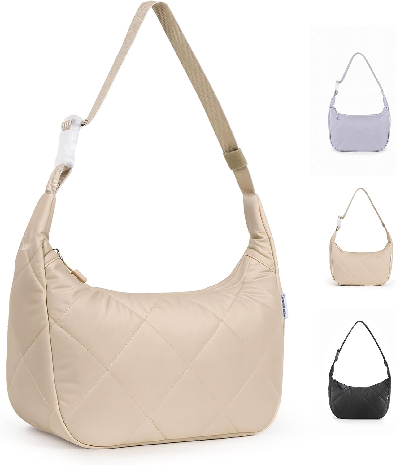 Quilted Lunch Bag for Women, Cute Insulated Lunch Tote with Adjustable Strap, Puffy Reusable Waterproof Cooler Bag, Stylish Bento Lunch Box for Work Picnic Travel, Beige