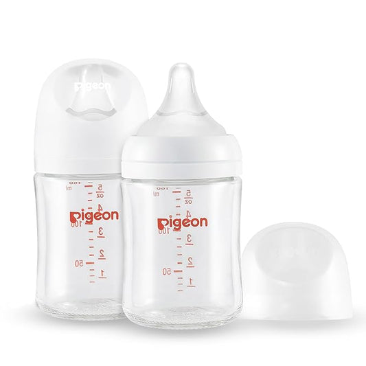 Pigeon Glass Nursing Bottle Wide Neck, Anti-Colic, Streamlined Body, Natural Feel, Easy to Clean, Heat-Resistant, 5.4 Oz(Pack of 2), Includes 2pcs SS Nipples (0m+)-BubblyBeeBaby