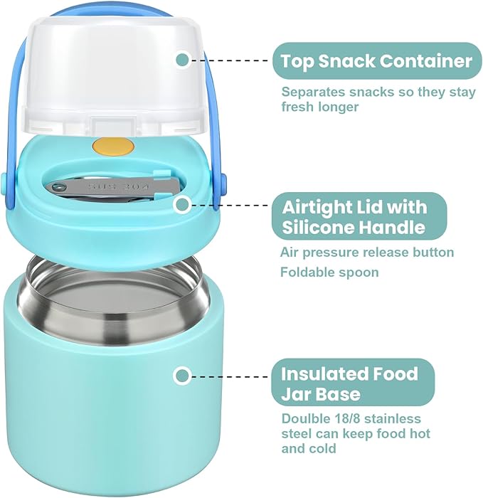 2-in-1 Insulated Food Jar & Snack Container - 15oz Kids Soup Thermos for Hot Food with Handle and Spoon, Leak Proof Reusable Toddler Snack Box, Perfect for School & Travel, Tiffany Blue-BubblyBeeBaby