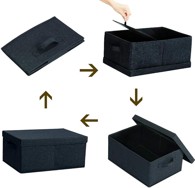 HOONEX Linen Foldable Storage Bins with Lids, 2 Pack, Storage Boxes with Carrying Handles and Sturdy Heavy Cardboard, 16.5" L x 11.8" W x 7.5" H for Shoes, Books, Clothes, Nursery, Dark Grey-BubblyBeeBaby