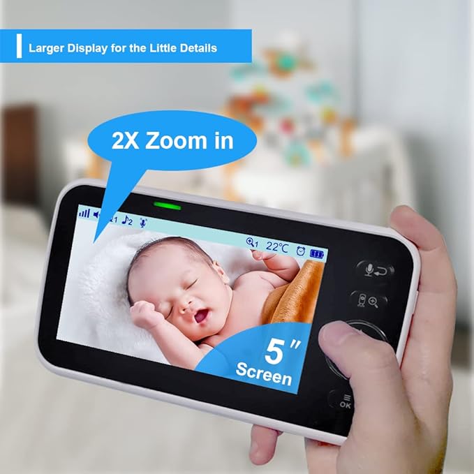 HelloBaby No WiFi Baby Monitor 5" Screen 30-Hour Battery Pan-Tilt-Zoom Video Upgrade with Camera and Audio, Night Vision, VOX, 2-Way Talk, 8 Lullabies and 1000ft Range, HB6550-BubblyBeeBaby