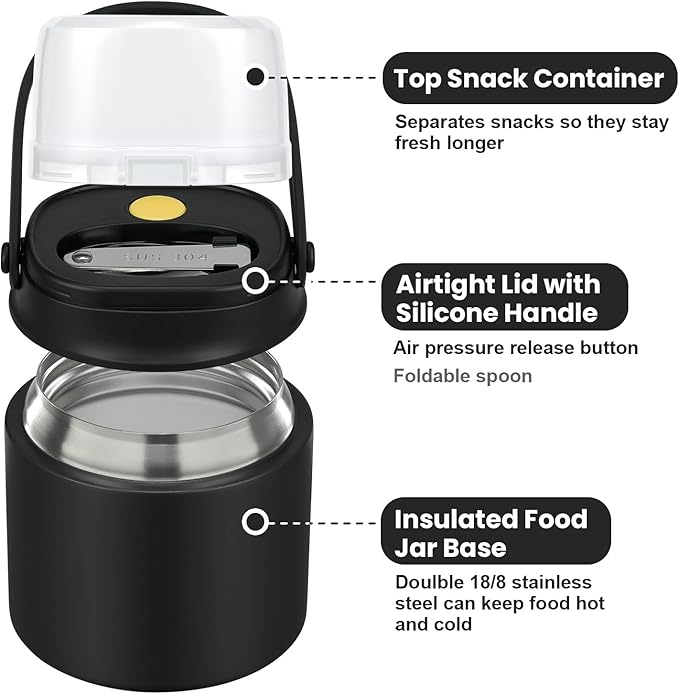 2-in-1 Insulated Food Jar & Snack Container - 15oz Kids Soup Thermos for Hot Food with Handle and Spoon, Leak Proof Reusable Toddler Snack Box, Perfect for School & Travel, Black-BubblyBeeBaby