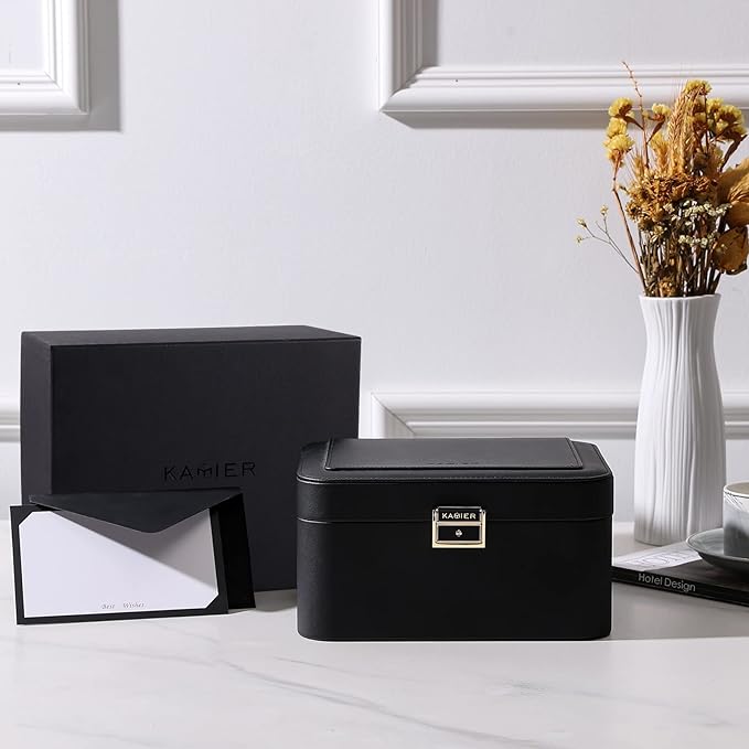 KAMIER Jewelry Holder Organizer, 2 Layers PU Leather Jewelry Box, Large Capacity, Double Lock and Large Mirror, Hidden Necklace Hooks, Removable Dividers, Gift Box Packaging, Black-BubblyBeeBaby