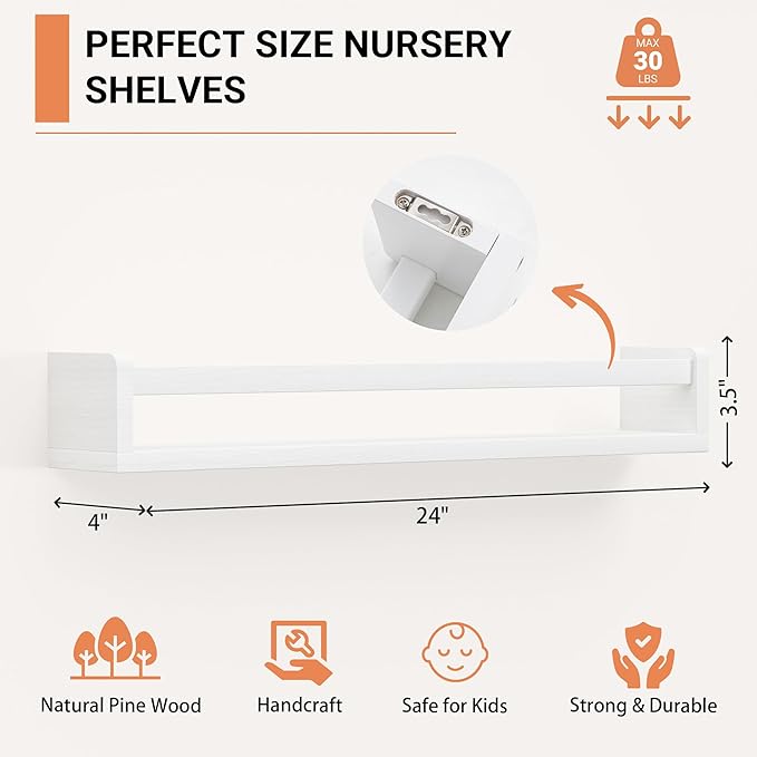 Heimlove Nursery Floating Shelves, White Nursery Book Shelves for Wall, 24 inch Wall Bookshelf for Kids Solid Wood Wall Mounted Shelves for Books,Toys and Decor Storage, Set of 3-BubblyBeeBaby