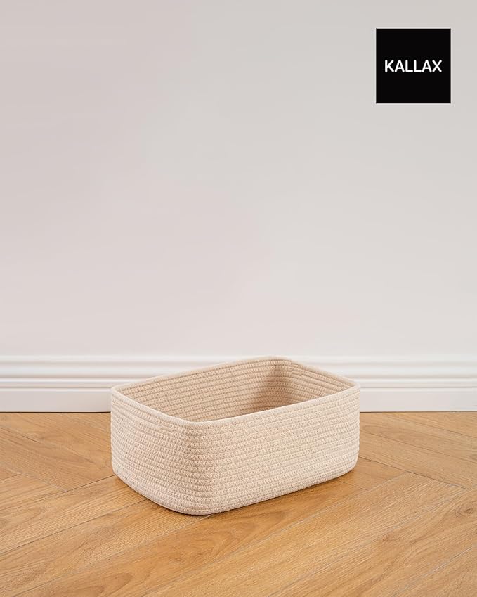 KALLAX Small Woven Basket, 13.5 x 9.5 x 5 Inches, Storage Basket for Organizing, Cute Small Rope Shelf Closet Cube Storage Bins Baskets for Shelves, Dog Toy Gift Baskets Empty, 3 Packs, Beige-BubblyBeeBaby
