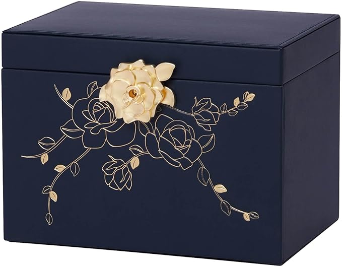 Jewelry Box with Lock for Girls: Jewelry Organizer for Dresser - 3-Drawer Earrings Storage Girls Women Gift (Dark Blue-BubblyBeeBaby