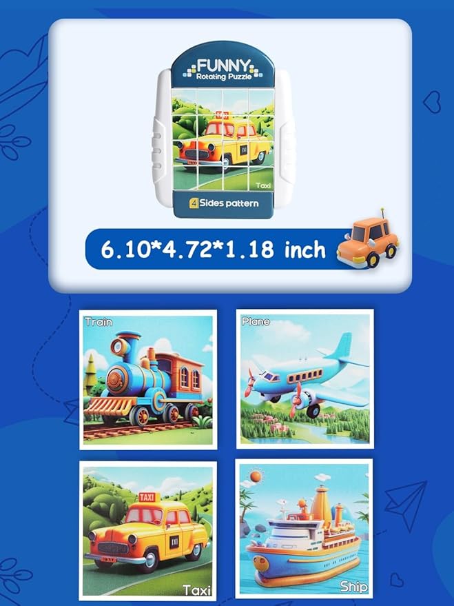 16-Piece Rotating Puzzles for Kids 4-6, Toddlers Puzzles 2-4, Road Trip, Airplane Activities Game, Travel Toys - Brain Teaser, Fine Motor Skills, Birthday Gifts Boys & Girls - Transportation-BubblyBeeBaby