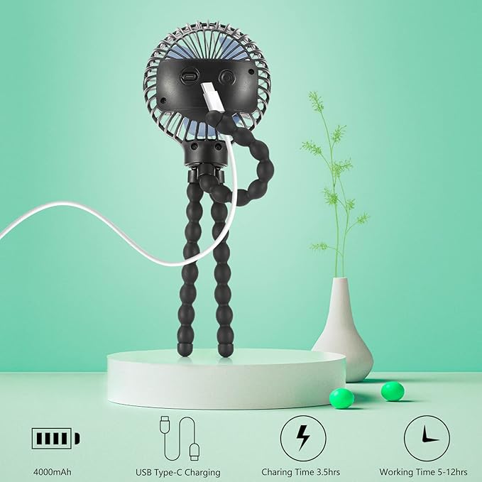 snawowo Mini Handheld Personal Portable Fan, Baby Stroller Fan, Car Seat Fan, USB or Battery Powered, with Flexible Tripod Clip on Student Bed Desk Bike Crib Treadmill Camping Traveling(Black)-BubblyBeeBaby