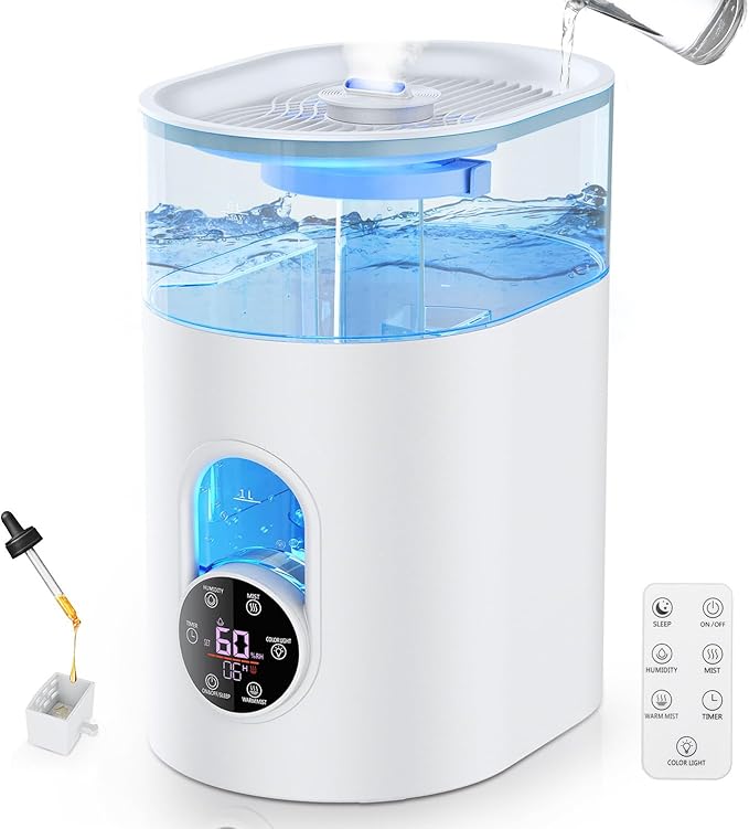 Humidifiers for Bedroom Large Room Home - GloryAir 6L Quiet Top Fill Cool & Warm Mist Humidifier with Smart Humidity Control, Remote Control, 7-Color Light, Humidistat, Oil Diffuser for Plants & Baby-BubblyBeeBaby