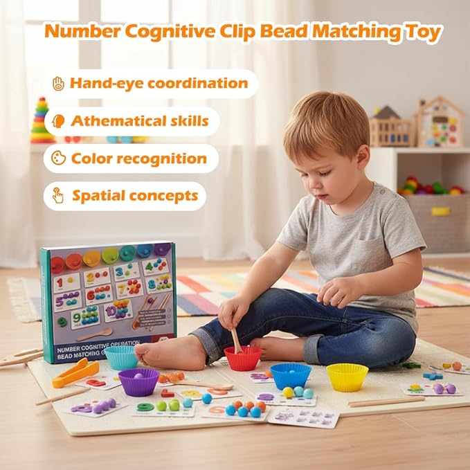 Montessori Arithmetic Math Toy Set, Toddler Wooden Montessori Toys for 2 3 4 5 6 Years Old, Number Cognitive Clip Bead Matching Game, Boy Girl Birthday Gift-BubblyBeeBaby