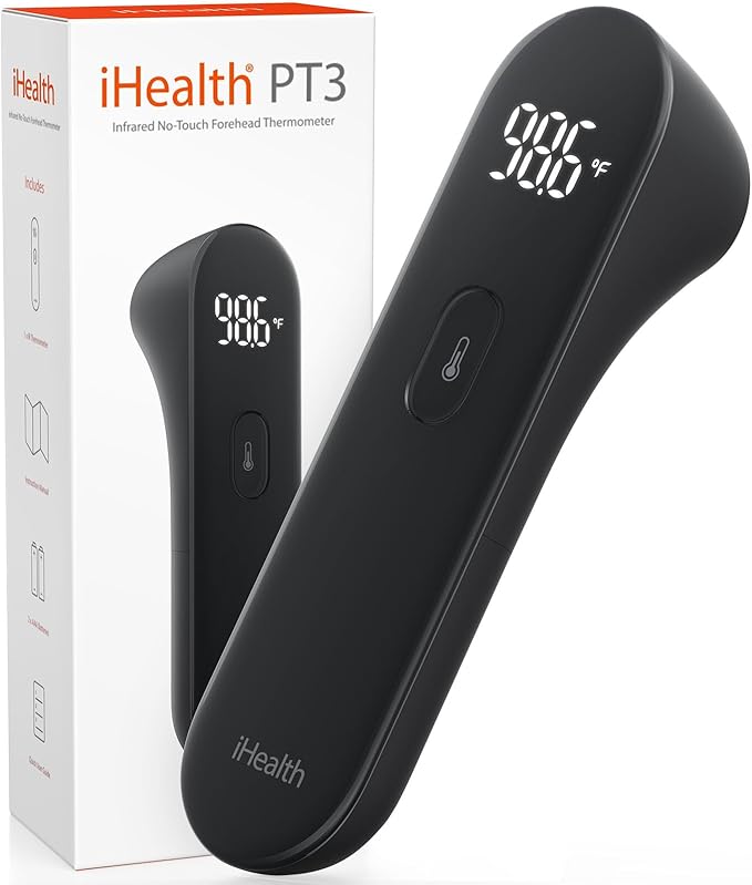 iHealth No-Touch Digital Forehead Thermometer for Adults, Babies, Kids - FSA HSA Eligible, 3 Ultra-Sensitive Sensors, Quiet Vibration Feedback, Large LED Digits, Easy to Use for Home, PT3 Black-BubblyBeeBaby