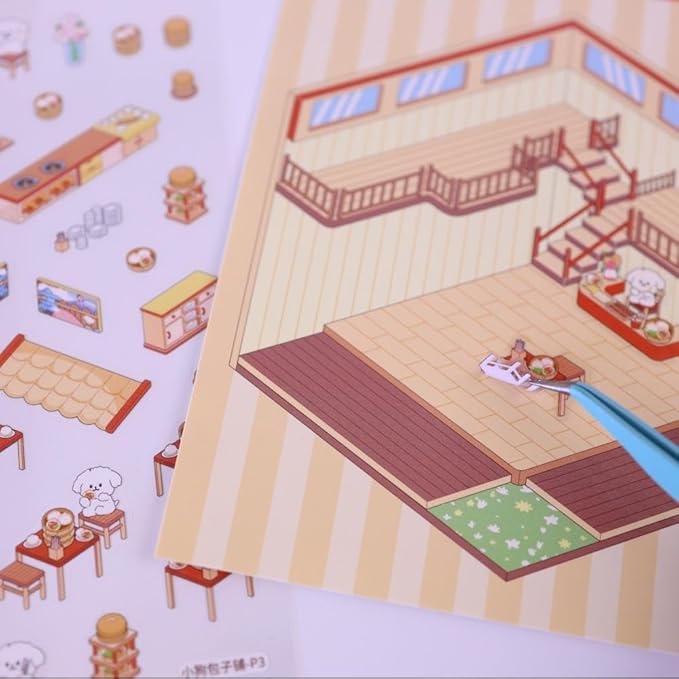 20 Sets DIY 3D Sticker Scenes for Adults with Tweezer, Kawaii 3D House Miniature Sticker Therapy, Make Your Own Mini Room Scene Collection Book for Adult Kids Relief Stress Pass The Time-BubblyBeeBaby