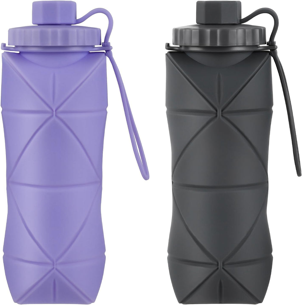YCT Collapsible Silicone Travel Water Bottle 20oz (600ml), Reuseable Leakproof BPA Free Foldable Sports Bottle, with Carrying Strap, Dark Gray + Purple
