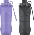 YCT Collapsible Silicone Travel Water Bottle 20oz (600ml), Reuseable Leakproof BPA Free Foldable Sports Bottle, with Carrying Strap, Dark Gray + Purple