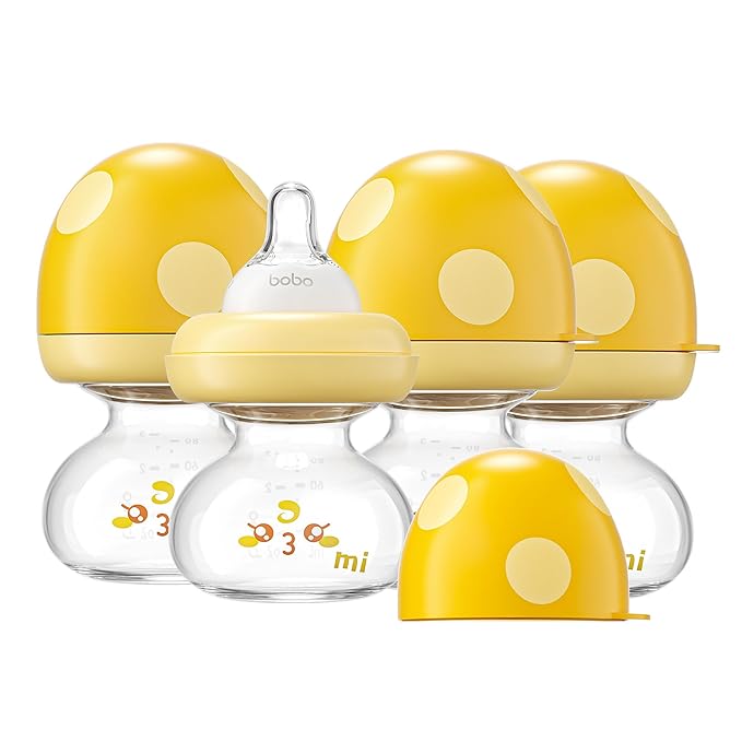 YOHKOH Newborn Glass Baby Bottles with Slow Flow Nipple for 0+ Months, Wide Neck Feeding Bottle, 2.7oz/80ml (Yellow, 2.7oz (Pack of 4))-BubblyBeeBaby