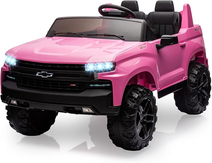 Hetoy 24V 2-Seater Truck Licensed Chevrolet Silverado Ride On Car Toy w/Parent Remote Control,4xSpring Suspension, 3 Speeds, Wireless Music, MP3 Player, Electric Vehicle Car for Kids, Pink-BubblyBeeBaby