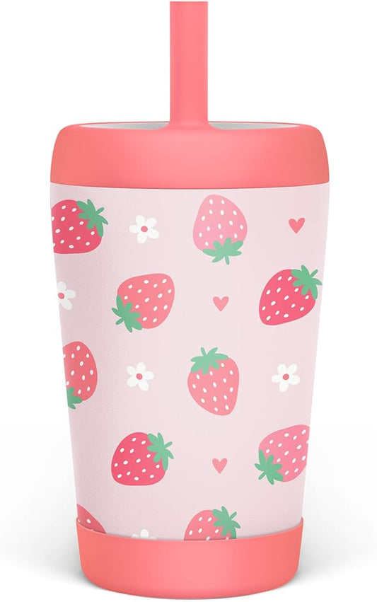 Kid Insulated Stainless Steel Tumbler with Silicone Straw, 12oz Sippy Cup for Kids (Strawberry)-BubblyBeeBaby