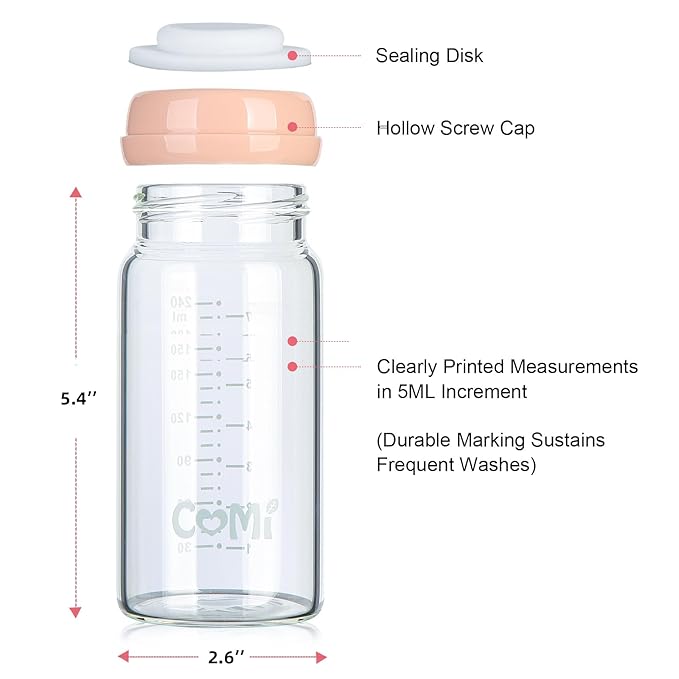 COMI Wide Neck Glass Breastmilk Collection n Storage Bottle, 8oz with Screw Ring Sealing Disk; Re-markable Sealing Disc. BPA Free, Fits Breast Pumps & Nipples (4 Pink Lids)-BubblyBeeBaby