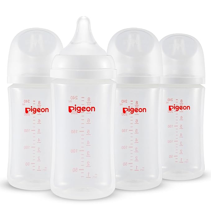 Pigeon PP Nursing Bottle Wide Neck, Anti-Colic, Streamlined Body, Natural Feel, Easy to Clean, 8.1 Oz(Pack of 4), Includes 4pcs M Nipples (3m+)-BubblyBeeBaby