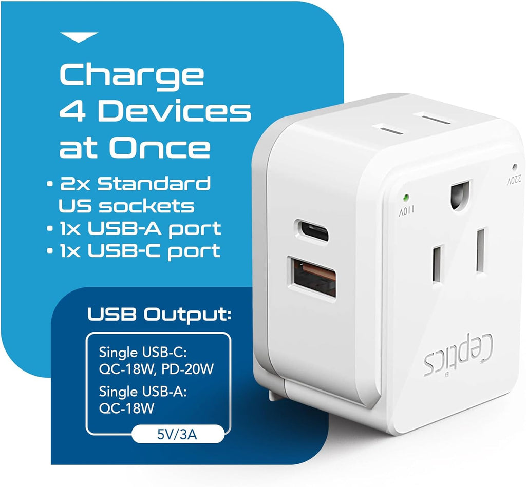 Ceptics Australian Travel Adapter Set, 20W PD & QC, Type I-3.1A - 4 in 1-2 USA Inputs, 1 USB Port, 1 USB-C Port - Australian New Zealand Fiji Argentina, Compact - Adapter Australia-Compatible Plug