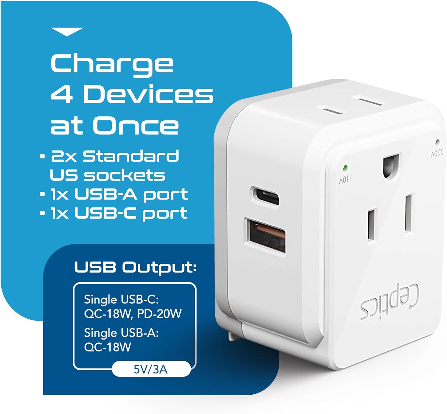 Ceptics Australian Travel Adapter Set, 20W PD & QC, Type I-3.1A - 4 in 1-2 USA Inputs, 1 USB Port, 1 USB-C Port - Australian New Zealand Fiji Argentina, Compact - Adapter Australia-Compatible Plug