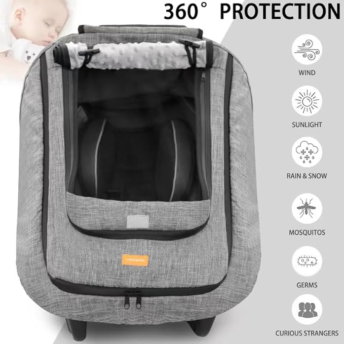 Waterproof Baby Car Seat Cover，Cold Weather Carseat Cover for Babies,Infant Car Seat Cover Canopy for Boy Girls,Windproof Car Seat Canopy for Boys & Girls, Keeps Babies Warm and Cozy-BubblyBeeBaby