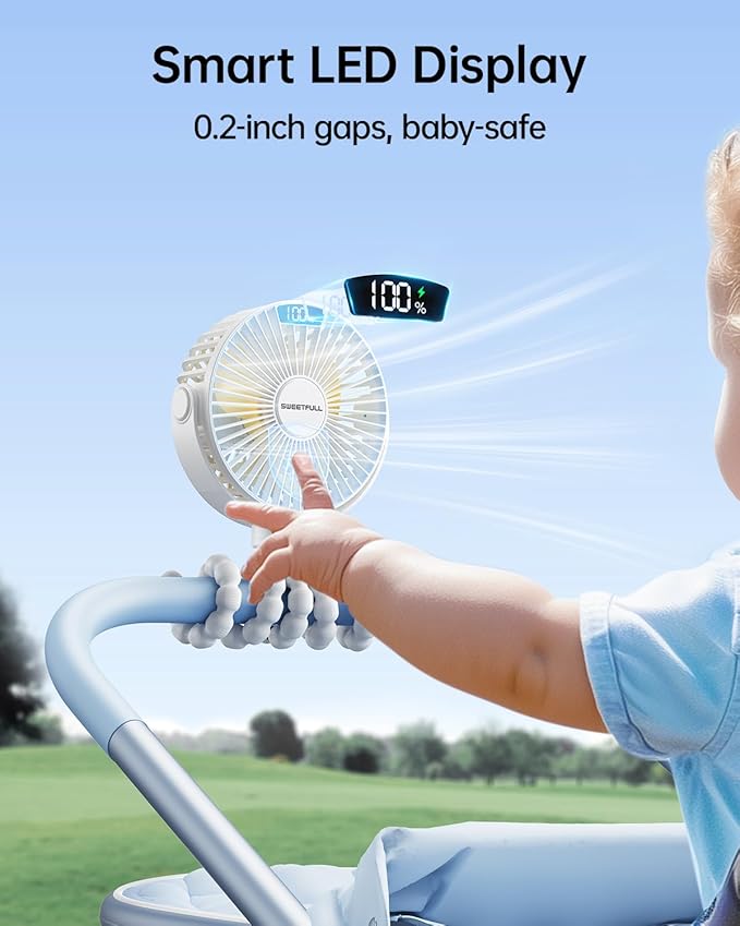 SWEETFULL Portable Stroller Fan with Display 4000mAh Battery Powered Mini Clip On Fan, 4-Speed Rechargeable Small Personal Cooling for Baby Car Seat Crib Travel - White-BubblyBeeBaby