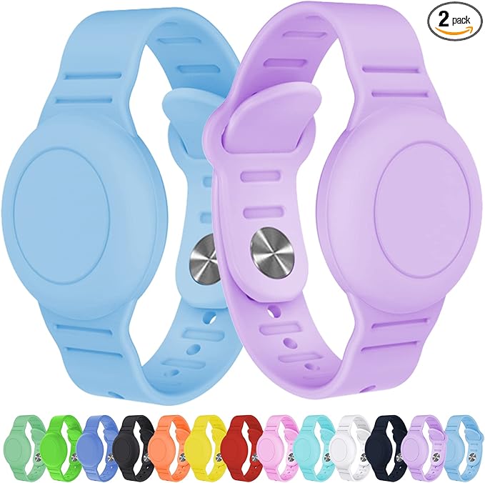 2 Pack Waterproof Bracelet for AirTag Kids, Hidden Silicone Wristband for AirTag, GPS Tracker Case for Air Tag Holder Strap Band for Child Toddler, Secure Anti-Loss Protection(Blue Purple)-BubblyBeeBaby
