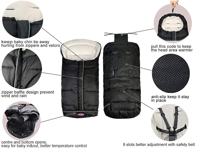 Weather Proof Oudtoor Walking Universal Stroller Bunting Bag with Reflective Strips,Multi-Zippers,Central and Feet Area Opens,Easy for Baby in&Out&Temperature Regulation Footmuff for Stroller,Black-BubblyBeeBaby