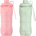 YCT Collapsible Silicone Travel Water Bottle 20oz (600ml), Reuseable Leakproof BPA Free Foldable Sports Bottle, with Carrying Strap, Pink + Green