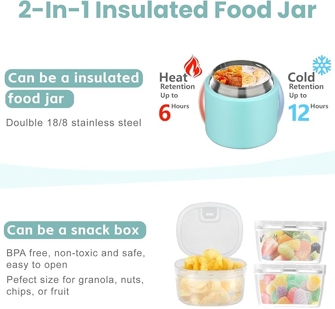 2-in-1 Insulated Food Jar & Snack Container - 15oz Kids Soup Thermos for Hot Food with Handle and Spoon, Leak Proof Reusable Toddler Snack Box, Perfect for School & Travel, Tiffany Blue-BubblyBeeBaby