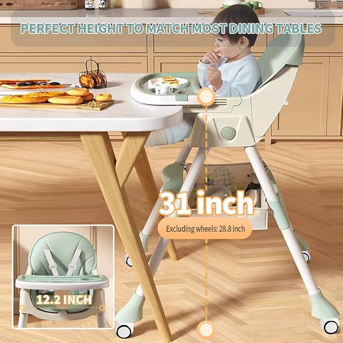 High Chairs for Babies and Toddlers, 4 in 1 Convertible Baby High Chair, Portable High Chair for Travel with Adjustable Height and Back, Foldable HighChair with Wheels& Pu Cushion (Green)-BubblyBeeBaby