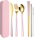AARAINBOW 6 Pieces 18/8 Stainless Steel Flatware Set Portable Reusable Cutlery Set Travel Utensils Set Including Chopsticks Knife Fork Spoon Straws Cleaning Brush Dishwasher Safe (Pink golden)