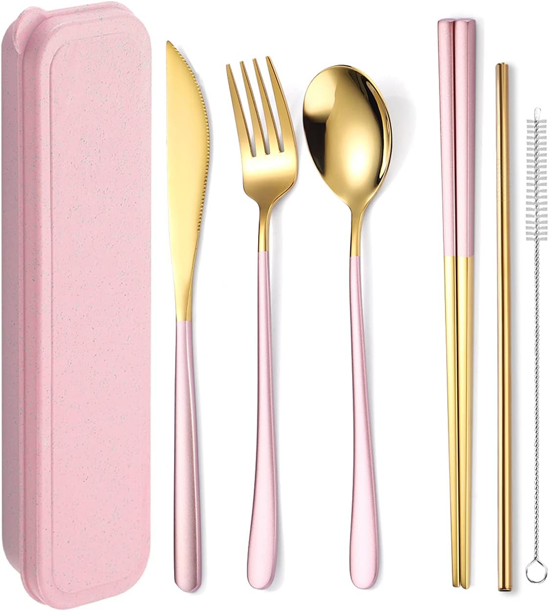 AARAINBOW 6 Pieces 18/8 Stainless Steel Flatware Set Portable Reusable Cutlery Set Travel Utensils Set Including Chopsticks Knife Fork Spoon Straws Cleaning Brush Dishwasher Safe (Pink golden)