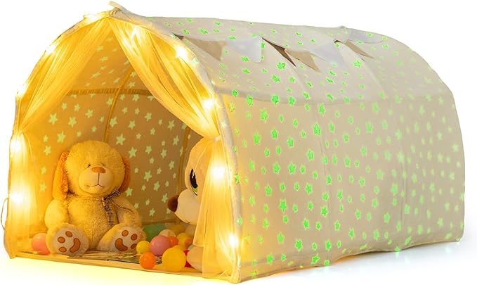 INFANS Kids Bed Tent with Glow in The Dark, Portable Children Playhouse Privacy Space Twin with Mat Star Light Double Net Curtain, Indoor Outdoor Princess Tents Castle for Boys Girls-BubblyBeeBaby