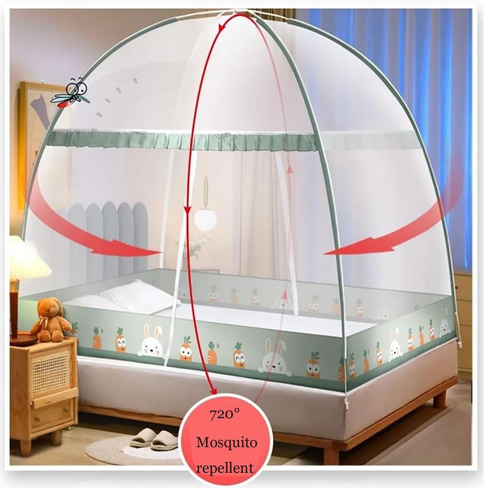 Pop-Up Mosquito Net Tent for Beds Portable Folding Canopy with Net Bottom, Fits Twin to King Size 79x71x59inch, Easy Install Wash for Baby Adults, Indoor Outdoor Use (Green RABIT-King Bed)