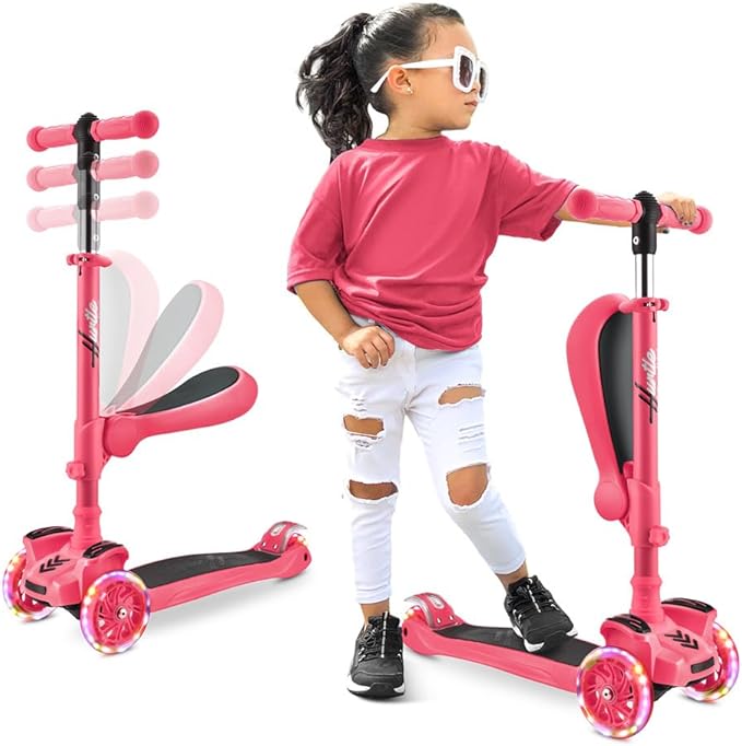 Hurtle 3-Wheeled Scooter for Kids - Wheel LED Lights, Adjustable Lean-to-Steer Handlebar, and Foldable Seat - Sit or Stand Ride with Brake for Boys and Girls Ages 1-14 Years Old-BubblyBeeBaby