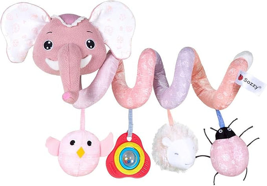 Jollybaby Baby Car Seat Stroller Toys, Plush Activity Hanging Spiral Activity Pram Crib with Music Box, Rattles, Squeaker for Babies Infant Boys Girls(SZ Pink Elephant)-BubblyBeeBaby