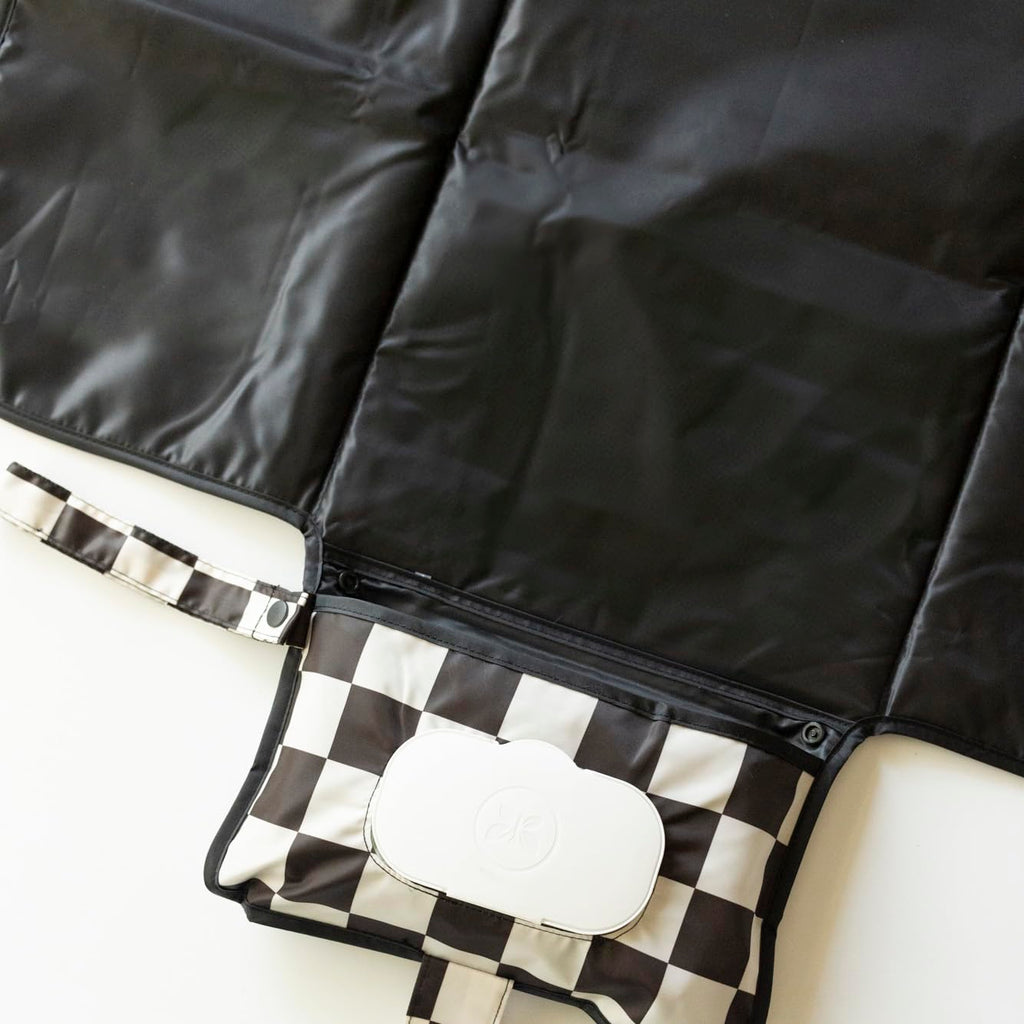 Tiny Twinkle Portable Diaper Changing Pad-Foldable Waterproof Changing Mat&Portable Changing Pad for Travel,Baby Changing Station with Smart Wipes Pocket&Storage (Black Checkers)