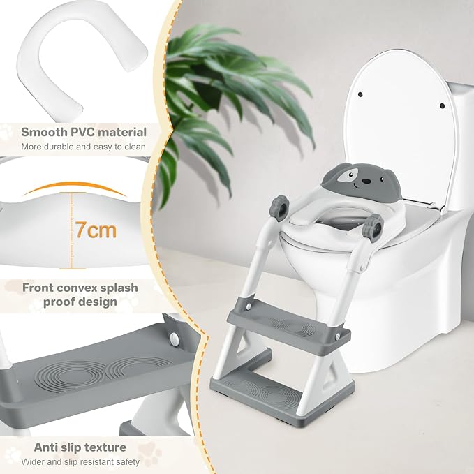 2 In 1 Potty Training Toilet Seat & Toddler Step Stool, Bottom Triangle Stability Toddler Toilet Seat, Adjustable Step & Seat Height Potty Seats (Grey)-BubblyBeeBaby