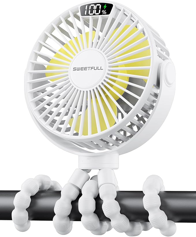 SWEETFULL Portable Stroller Fan with Display 4000mAh Battery Powered Mini Clip On Fan, 4-Speed Rechargeable Small Personal Cooling for Baby Car Seat Crib Travel - White-BubblyBeeBaby