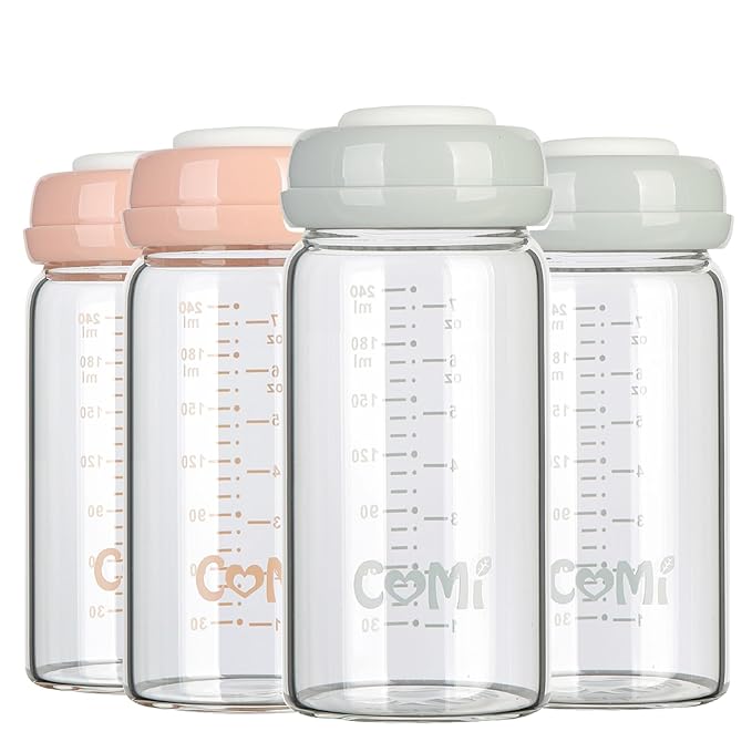COMI Wide Neck Glass Breastmilk Collection n Storage Bottle, 4 Packs, 8oz with Screw Ring Sealing Disk; Re-markable Sealing Disc. BPA Free, Fits Breast Pumps & Nipples (2 Gray Lids + 2 Pink Lids)-BubblyBeeBaby