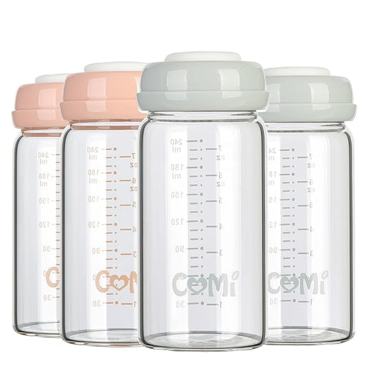 COMI Wide Neck Glass Breastmilk Collection n Storage Bottle, 4 Packs, 8oz with Screw Ring Sealing Disk; Re-markable Sealing Disc. BPA Free, Fits Breast Pumps & Nipples (2 Gray Lids + 2 Pink Lids)-BubblyBeeBaby