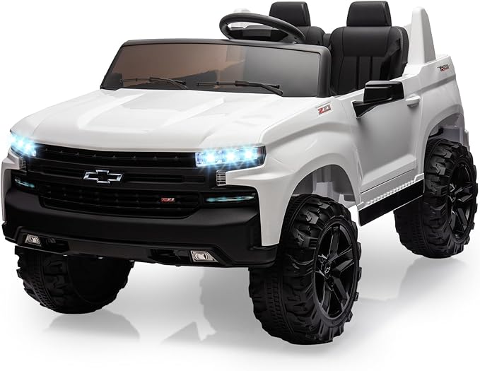 Hetoy 24V 2-Seater Truck Licensed Chevrolet Silverado Ride On Car Toy w/Parent Remote Control,4xSpring Suspension, 3 Speeds, Wireless Music, MP3 Player, Electric Vehicle Car for Kids, White-BubblyBeeBaby