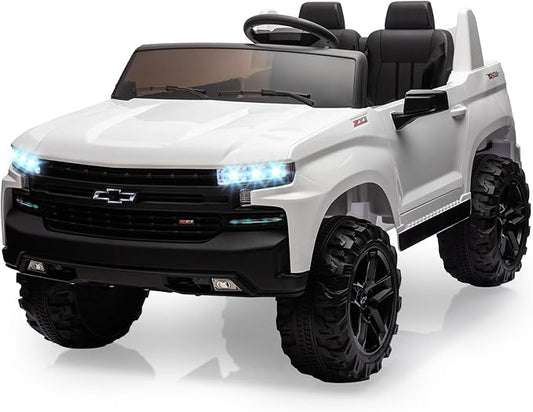 Hetoy 24V 2-Seater Truck Licensed Chevrolet Silverado Ride On Car Toy w/Parent Remote Control,4xSpring Suspension, 3 Speeds, Wireless Music, MP3 Player, Electric Vehicle Car for Kids, White-BubblyBeeBaby