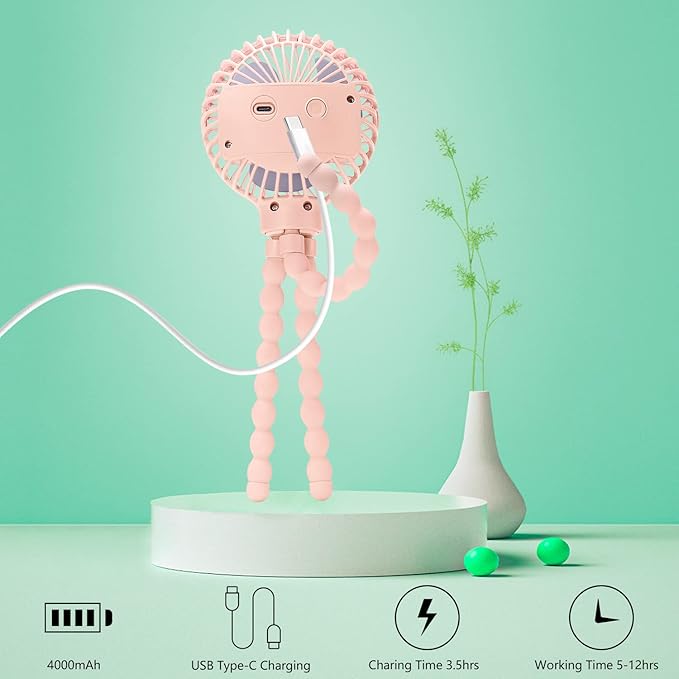 snawowo Mini Handheld Personal Portable Fan, Baby Stroller Fan, Car Seat USB or Battery Powered, with Flexible Tripod Clip on Student Bed Desk Bike Crib Treadmill Camping Traveling(Pink)-BubblyBeeBaby