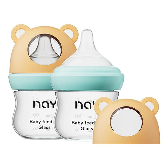 Natural Glass Baby Bottle for Breastfeeding Babies, 3oz Newborn Anti-Colic Baby Bottle with Slow Flow Nipples (SS), Clear, Wide Neck, 2 Pack, 0 Months+-BubblyBeeBaby