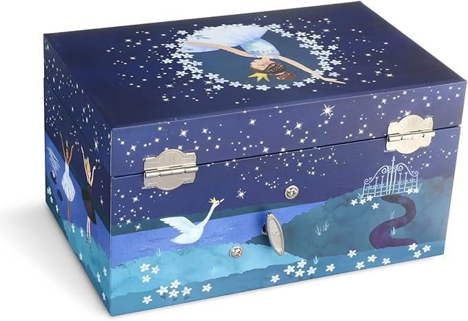 Jewelkeeper Girl's Ballerina Musical Jewelry Storage Box with Pullout Drawer, Glitter Design, Swan Lake Tune Blue-BubblyBeeBaby