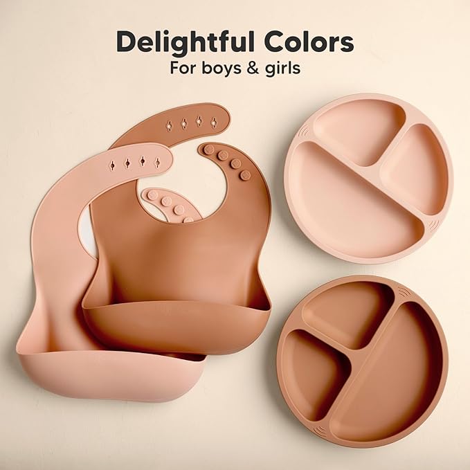 KeaBabies 2-Pack Silicone Baby Bibs for Eating - Sturdy Food-Grade Silicone Bibs for Babies Girl, Boy, Large Food Catcher, Clean & Put On Easily, Waterproof Toddler Feeding Essentials (Dusk)-BubblyBeeBaby