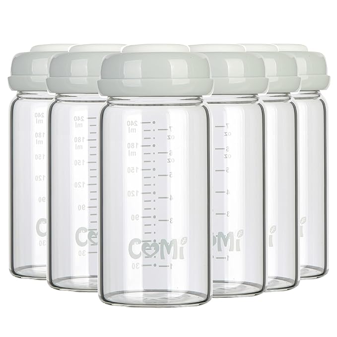 COMI Wide Neck Glass Breastmilk Collection n Storage Bottle, 8oz with Screw Ring Sealing Disk; Re-markable Sealing Disc. BPA Free, Fits Breast Pumps & Nipples (6 Gray Lids)-BubblyBeeBaby